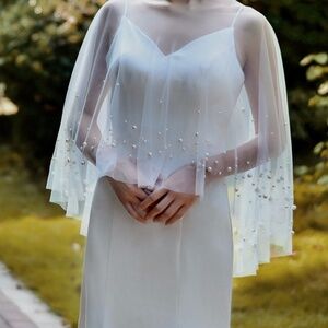NEW Bridal wedding gown shoulder Veil wedding Pearl Soft white pearls sheer top